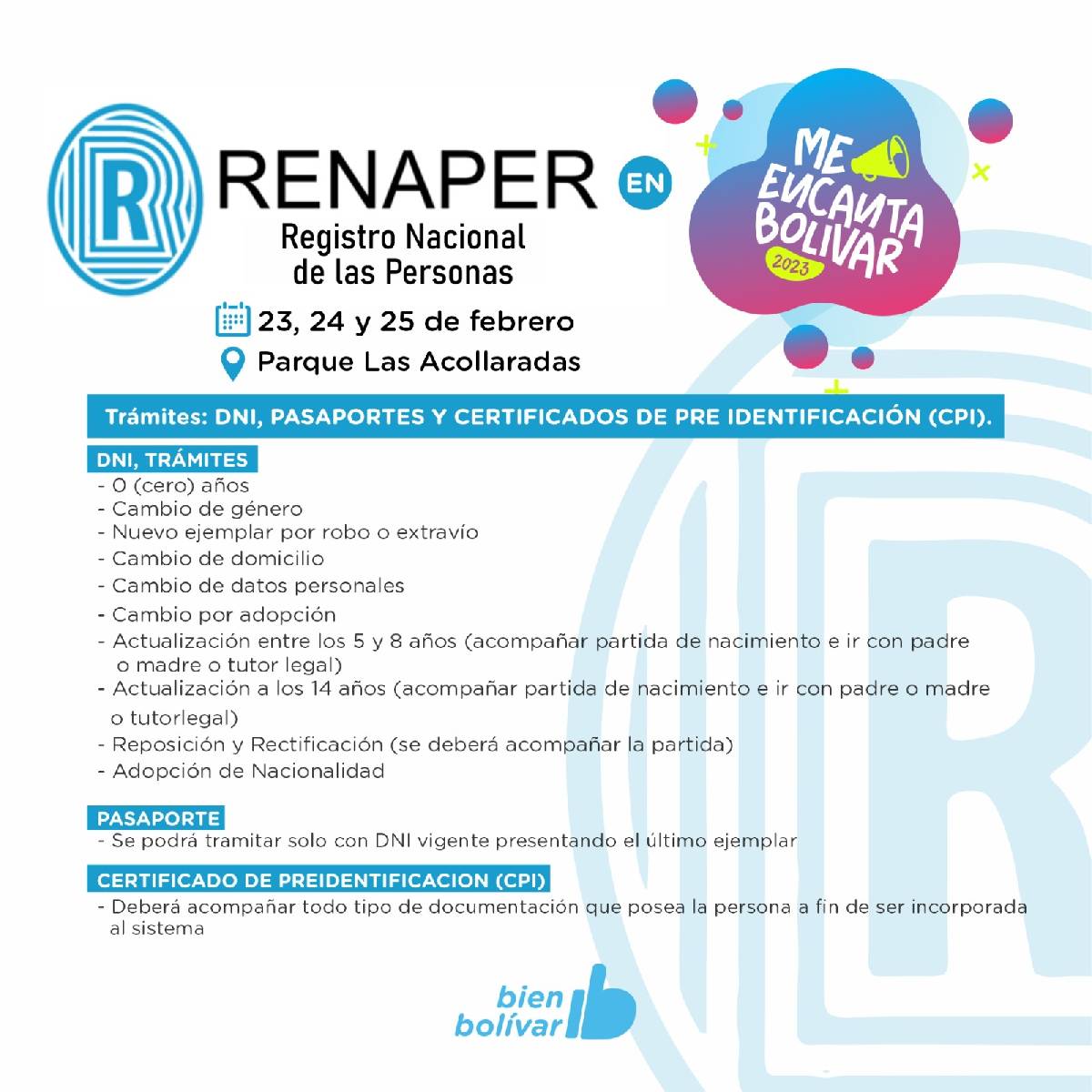  RENAPER REALIZARÁ TRÁMITES EN EL PREDIO DE ME ENCANTA BOLÍVAR